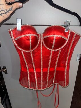 Red Rhinestone-Trim Corset Bustier Top - Strapless Glam